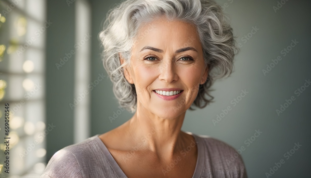 The most beautiful female model in her fifties with gray hair, laughing and smiling, is captured in a close-up portrait of a mature and elderly woman with healthy skin and skincare cosmetics