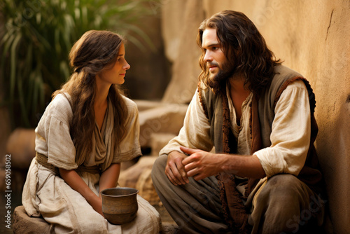 Fotografia Jesus speaking to the Samaritan woman giving hope for eternal life Generative AI