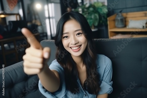 selfies of an asian woman sitting on the couch pointing with her index finger