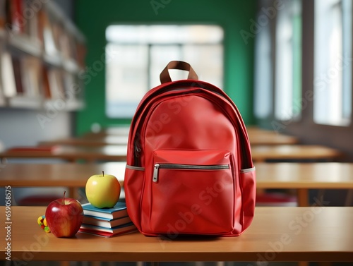 Red school bag with book and apple on table with classroom blurred background