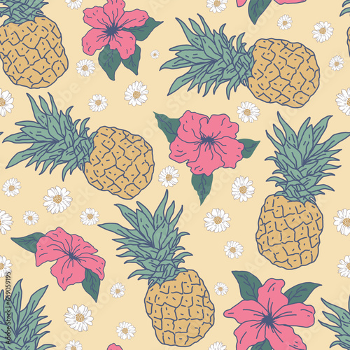 Hand drawn pineapple and floral motif tropical seamless pattern