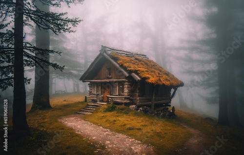 Wooden cottage in the forest in a foggy misty morning