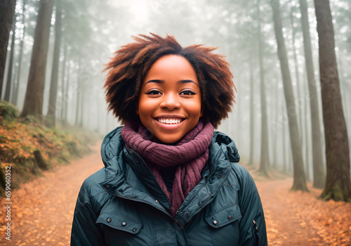A beautiful African American woman in a foggy autumn forest © Anton Dios