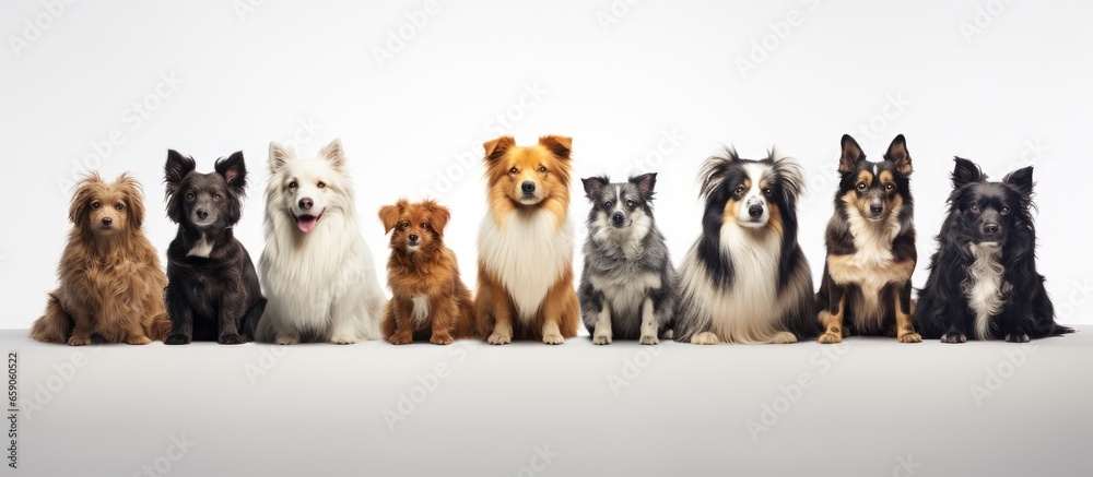 Diverse breeds of dogs sitting in a row for each other isolated on white background Profile view Animal care vet grooming Horizontal flyer