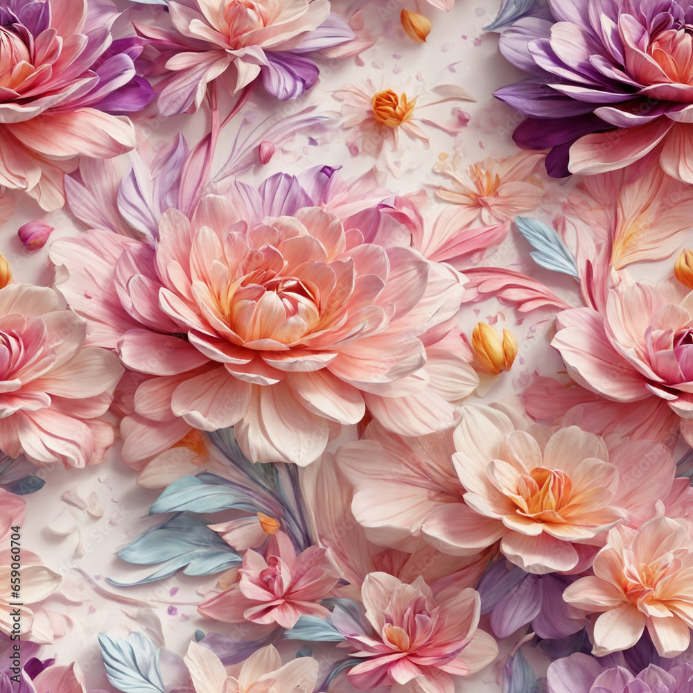 Obraz premium Pink Purple 3D Flowers Seamless Pattern Colorful Digital Background Floral Design - ai generated