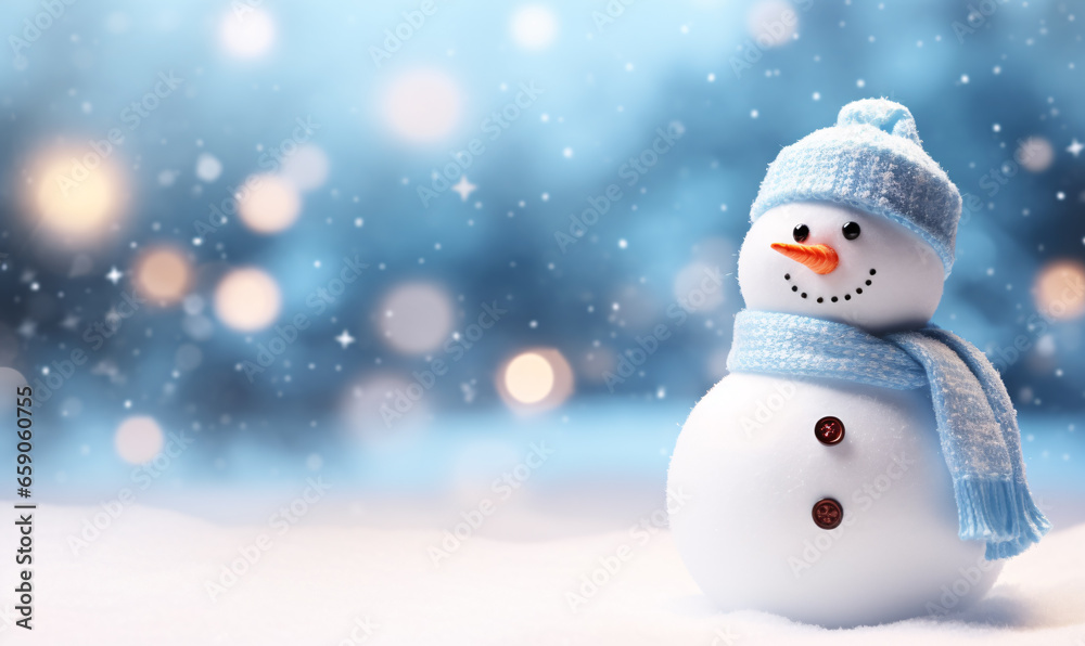 The snowman stands in a winter wonderland, surrounded by Christmas lights and falling snowflakes. A Christmas card come to life. AI digital