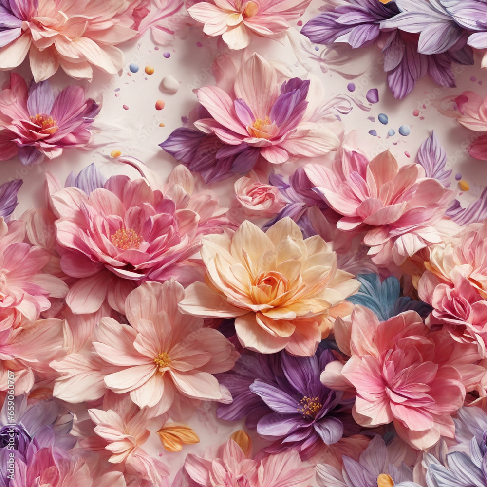 Pink Purple 3D Flowers Seamless Pattern Colorful Digital Background Floral Design - ai generated