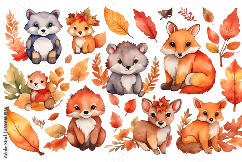 set of watercolor cute animal and autumn leaves sticker on transparent background