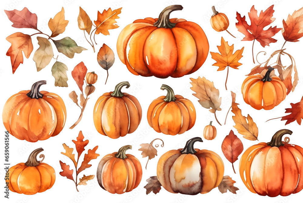set of watercolor autumn pumpkin on transparent background set of watercolor autumn pumpkin on transparent background