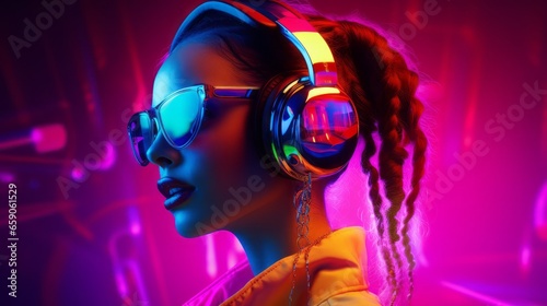 Portrait of a young woman with glasses and headphones, generation z, concepts of youth, people lifestyle, diversity, teenage and urban life, neon colors © bedaniel