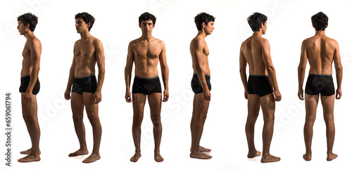 Multiple views of athletic shirtless young handsome man: back, front and profile shots, full length, isolated on white background in studio