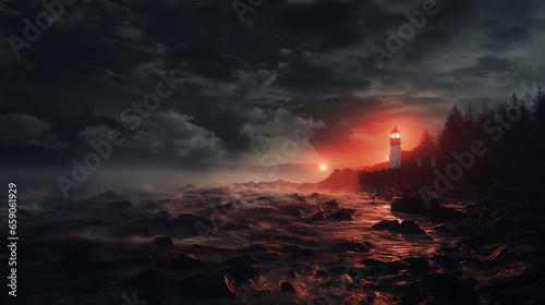 Fantasy landscape with a lighthouse on the coast in the foggy night. 3d rendering. Conceptual illustration. 