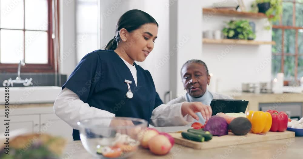 Nurse, senior woman and kitchen with tablet and cooking with digital recipe and retirement help. Food, happy and caregiver with elderly black female person with conversation and support in a home Nurse, senior woman and kitchen with tablet and cooking with digital recipe and retirement help. Food, happy and caregiver with elderly black female person with conversation and support in a home