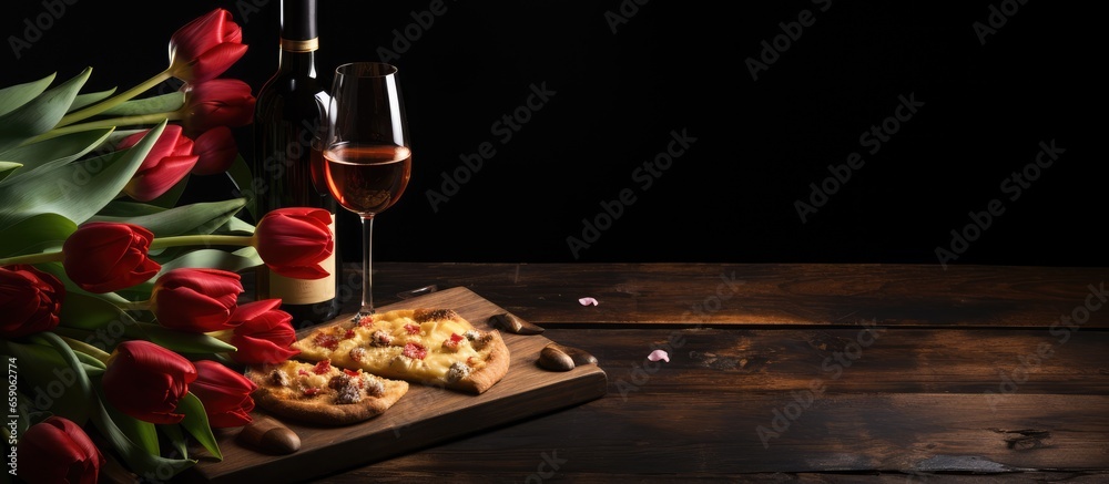 Valentine s Day celebration featuring a heart shaped pizza tulip flowers and wine on a black background