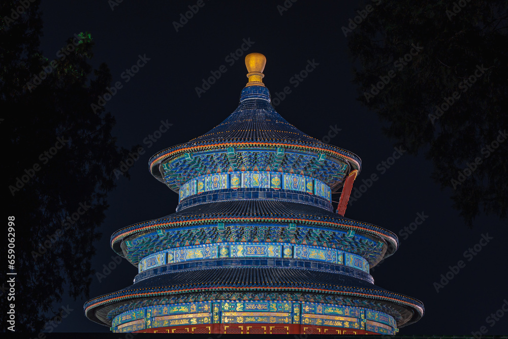 The Temple of Heaven in Beijing illuminated by lights at night