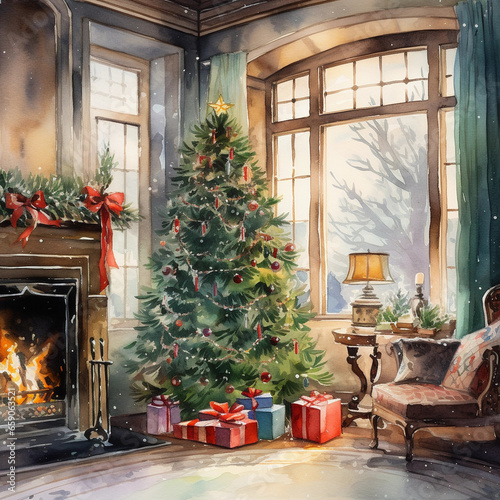 postcard drawing Christmas tree gifts house fireplace © Dm