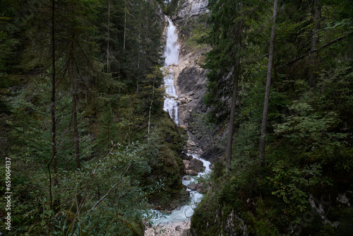 Panoramic view of the Martuljek waterfall in Slovenia. The Alps mountains in the background