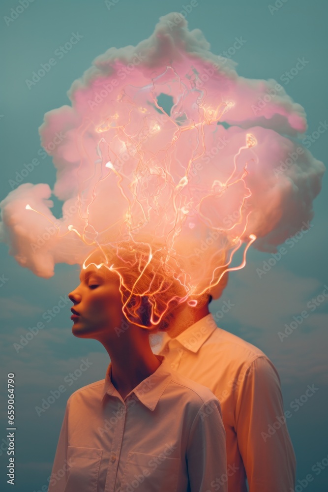 A woman stands amidst a flurry of sparks and electricity, her clothing and hair whipping around her in the wind as her tangled thoughts and emotions burst forth like fireworks from her head