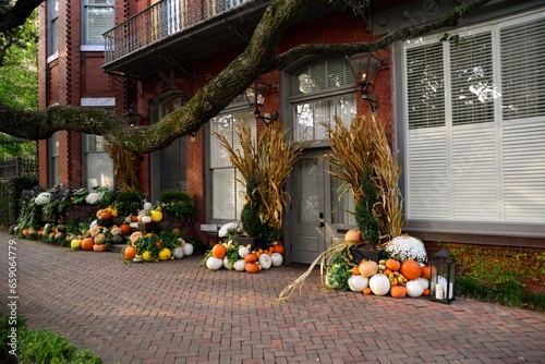 Autumn Decorations in Front of Red Brick House in Savannah, Georgia photo