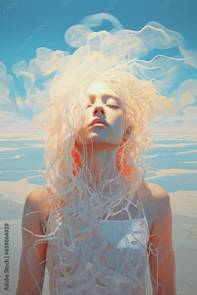 Φωτογραφία A woman with long blonde hair stands beneath a clear sky, gazing up at the billo