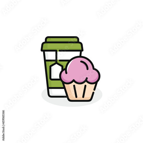 Cupcake and drink vector illustration. Fast food icon isolated on white background