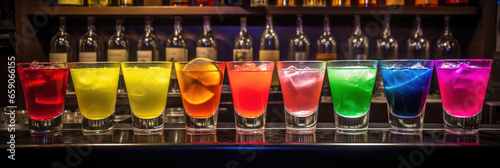 banner bar counter in nightclub with set shots lot of glasses colorful cocktails