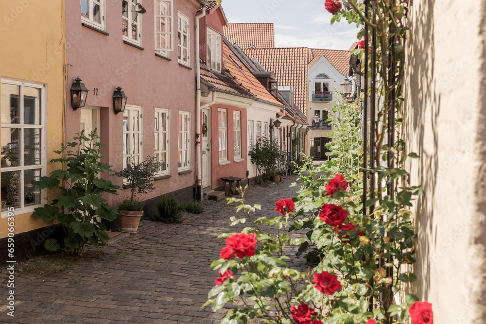 Small houses in the historic old city center of Aalborg. Denmark