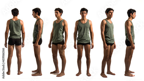 Multiple views of athletic young handsome man: back, front and profile shots, full length, isolated on white background in studio