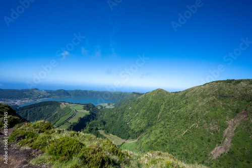Crater, lakes and town from Boca do Inferno viewpoint on Sao Miguel island, Azores