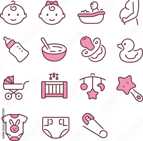 Pixel perfect pink icon set about baby care items such as pacifier, baby stroller, bodysuit, food, diaper, toy. Thin line icons, flat vector illustrations, isolated on white, transparent background