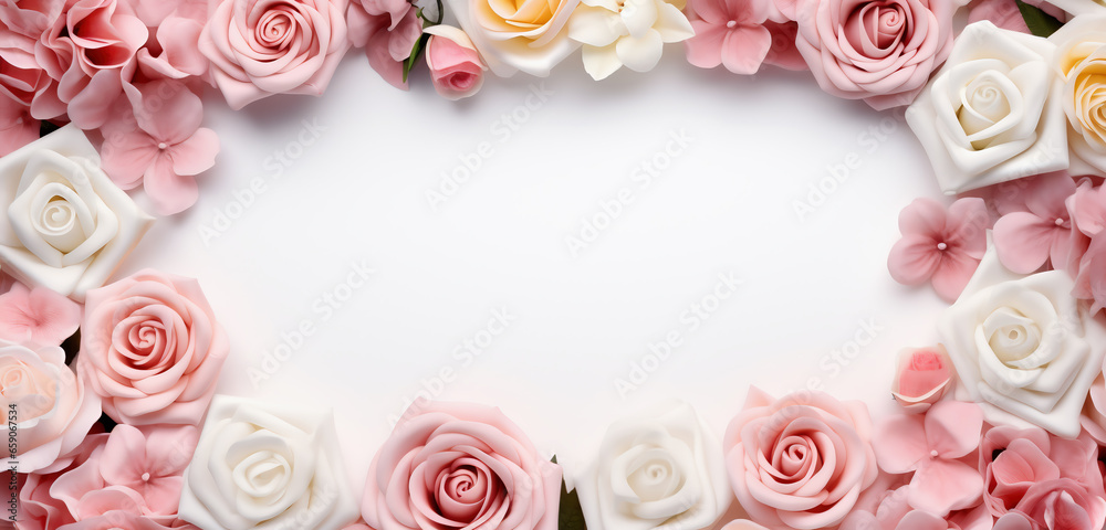 Frame of roses. Pastel background with roses. Empty light, pastel background with rose flowers arranged around. Generative artificial intelligence