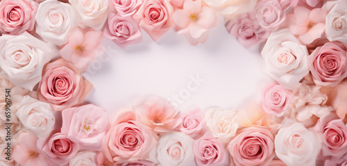 Pink roses frame. Pastel background with roses. Empty light, pastel background with rose flowers arranged around. Generative artificial intelligence © michalsen