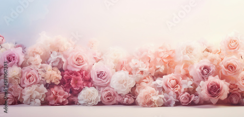Pink and white flowers. Pastel background with roses. Generative artificial intelligence