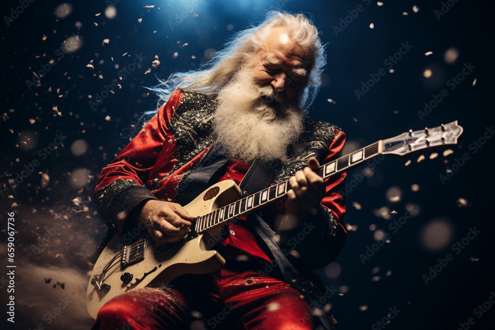 Rockin' Santa Claus Shredding the Electric Guitar at Christmas Concert - obrazy, fototapety, plakaty 