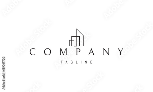 A vector logo with an abstract image of buildings in a minimalist linear style.