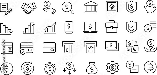 Pixel perfect icon set US Dollar based finance terms saving, bank, currency, wallet, cash, charts, online banking, investment. Thin line icons, flat vector illustrations, isolated on white background