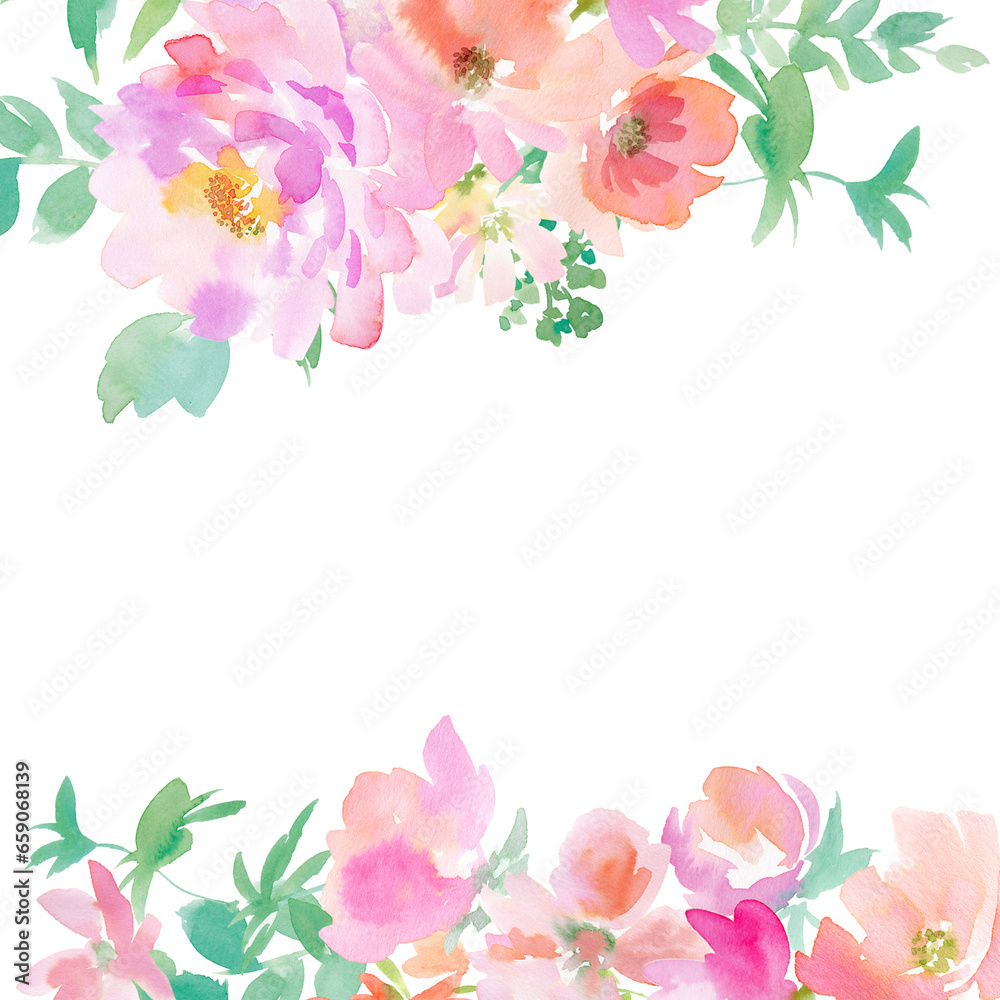 水彩で描いたピンクと紫の草花の背景用イラスト