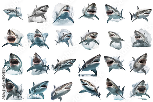 Collection of fierce white sharks on transparent background PNG. Underwater life concept. © I LOVE PNG