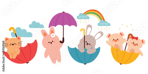 hand drawing cartoon animals playing with umbrella. cute animal sticker with sky element, umbrella. cute animal sticker set