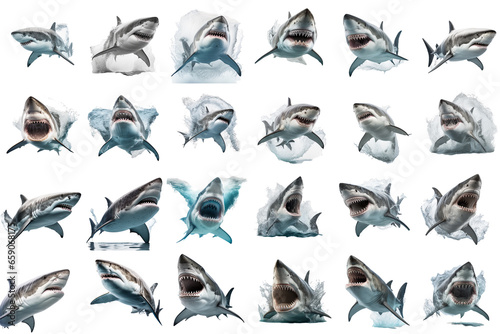 Collection of fierce white sharks on transparent background PNG. Underwater life concept. © I LOVE PNG