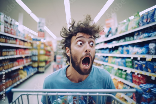 A shopper with a shocked expression while looking at price tags, conveying the surprise of high prices.