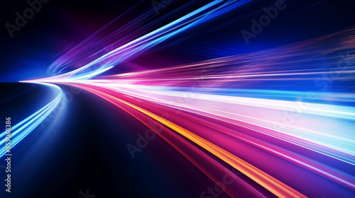 Long exposure of motorways as speed. Neon spiral lines in yellow blue and purple colors. Image of speed motion on the road.