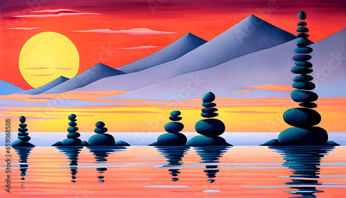 Zen stone in balance in sunset landscape - AI generated