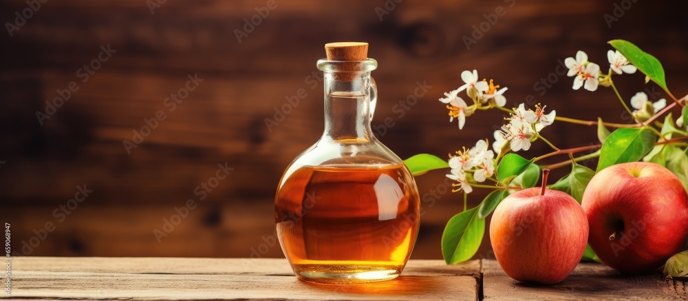 Organic apple vinegar in a wooden bottle promotes health Organic apple vinegar in a wooden bottle promotes health