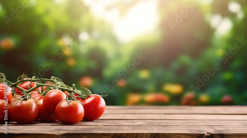 Fresh tomatoes on wooden table at organic farm background. 