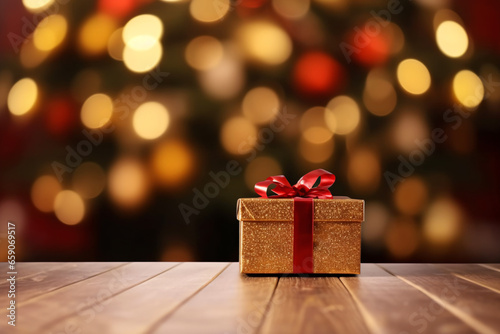 Gift box on wooden table and space for displaying product with blurred beautiful light bokeh, Christmas and new year background. © Sunday Cat Studio