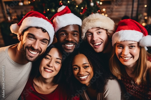 Group of diverse people friends or colleague smiling and selfie at Christmas party. 