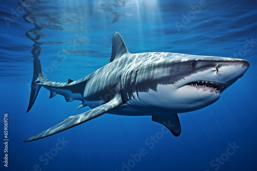 Great white shark in deep blue ocean © Ethereal