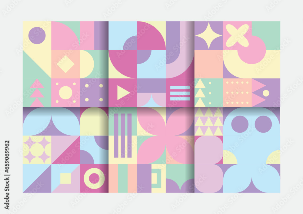 set of colorful bauhaus geometric pattern design banner template