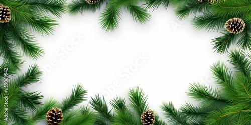 White canvas with a frame of pine branches and cones  sheet of white paper decorated with fir trees and cones  New Year wallpaper  Christmas background for a card or presentation.